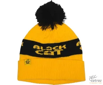Black Cat Yellow Bobble Hat - Bojtos Téli Sapka