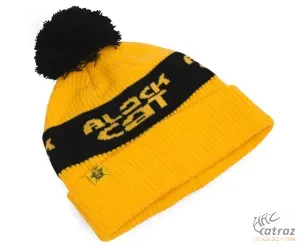Black Cat Yellow Bobble Hat - Bojtos Téli Sapka