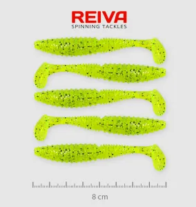 Reiva Zander Power Shad Gumihal 8cm 5 db/csomag - Neonzöld Flitter